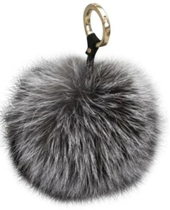 NUEVO CON ETIQUETAS AUTÉNTICO PIEL DE ZORRO GRANDE 5" GRIS BLANCO POM POM BOLSO DE MANO DIJE LLAVERO ANILLO LLAVERO - Imagen 1 de 12
