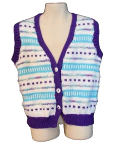 Handknit Handmade Kids Size 5-6 White Aqua Blue Purple Textured Sleeveless Vest - Picture 1 of 3
