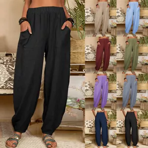 Damen Leinen Haremhose Sommerhose Freizethose Pumphose Strandhose Jogginghose DE - Bild 1 von 26