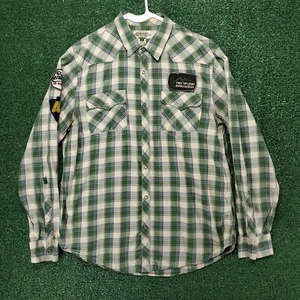 American Rag Grunge Snap Work Shirt Mens M Green Plaid Plant Care Patches *FLAWS - Picture 1 of 15