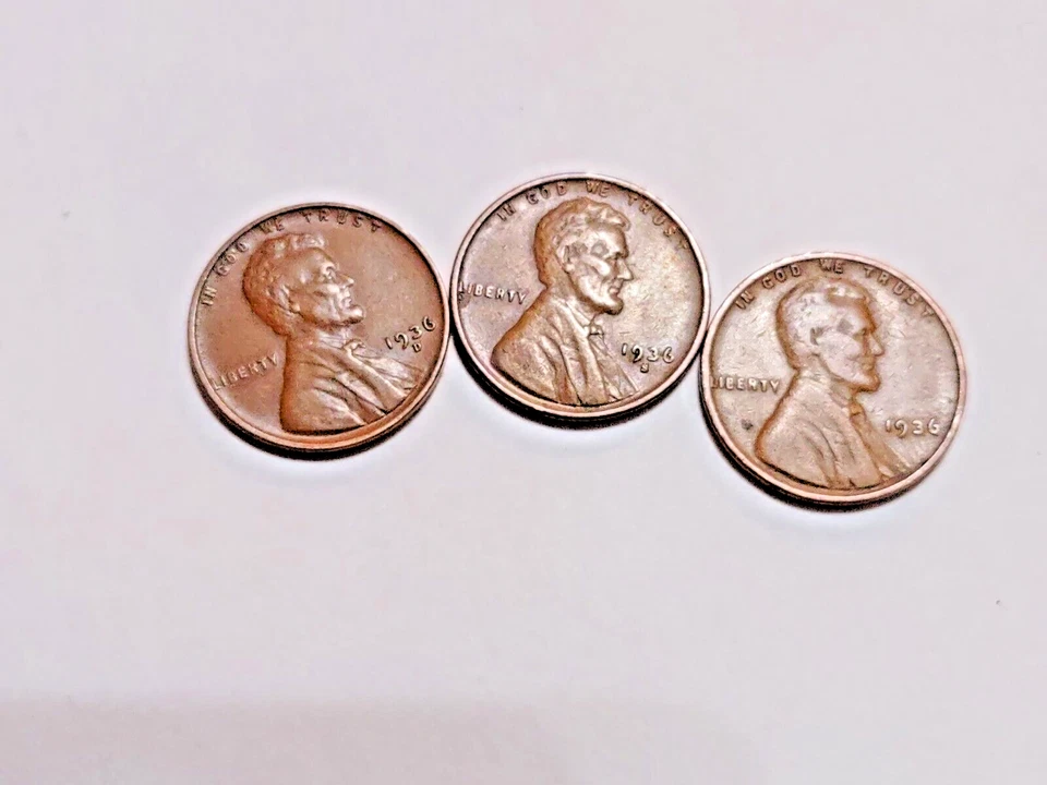 1936-P 1936-D 1936-S Lincoln Wheat Cent Penny Set Of 3 Coins Lot # 01 50 500 - Image 1 of 2