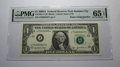 $1 2003 Radar Serial Number Federal Reserve Currency Bank Note Bill PMG UNC65EPQ - Image 1 of 2