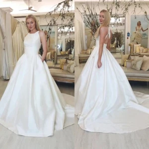 Simple Wedding Dresses Halter Neck Backless Sweep Train Satin Bridal Gowns - Picture 1 of 11