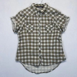 Harley Davidson Women's Large Short Sleeve Plaid Snap Button Down Shirt Green - Picture 1 of 9