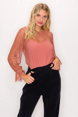 Lace Trim Shadow Stripe Bodysuit - Image 1 of 4