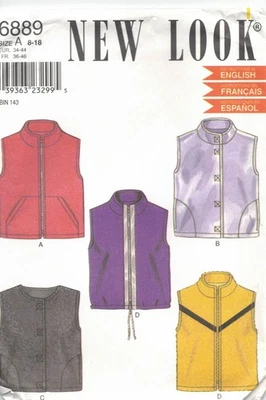 6889 NEW LOOK Sewing Pattern VESTS Size A 8-18 - Image 1 of 2
