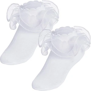 2 Pack Girls Frilly Ruffle Socks Cute Pearls Lace for 6-8 Years, White - Picture 1 of 7