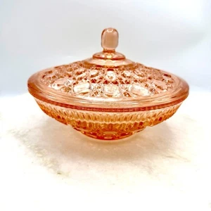 Indiana Glass Windsor Button Cane Pink Dish Bowl With Lid Peach Ballad Gift - Picture 1 of 4