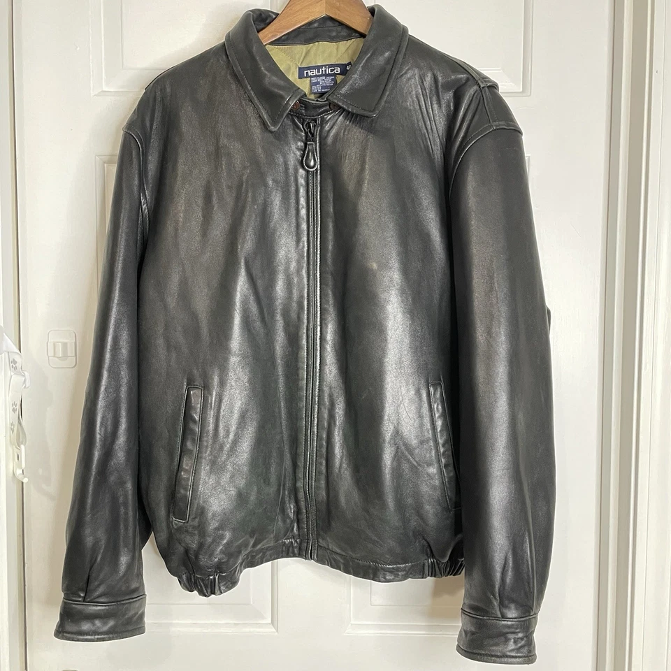 Jaqueta de couro vintage Nautica masculina 46 acolchoada bombardeiro preta acolchoada anos 90 - Imagem 1 de 4