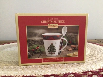 Spode Christmas Tree Tartan Mug and Spoon Set - Image 1 of 4