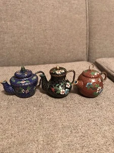 Antique Chinese Hand-Painted Enamel Brass Mini Teapot With Lid set of 3 - Picture 1 of 13