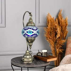Moroccan Turkish Metal Curved Arm Table Light Oval Peacock Blue Glass Desk Lamp - Picture 1 of 5