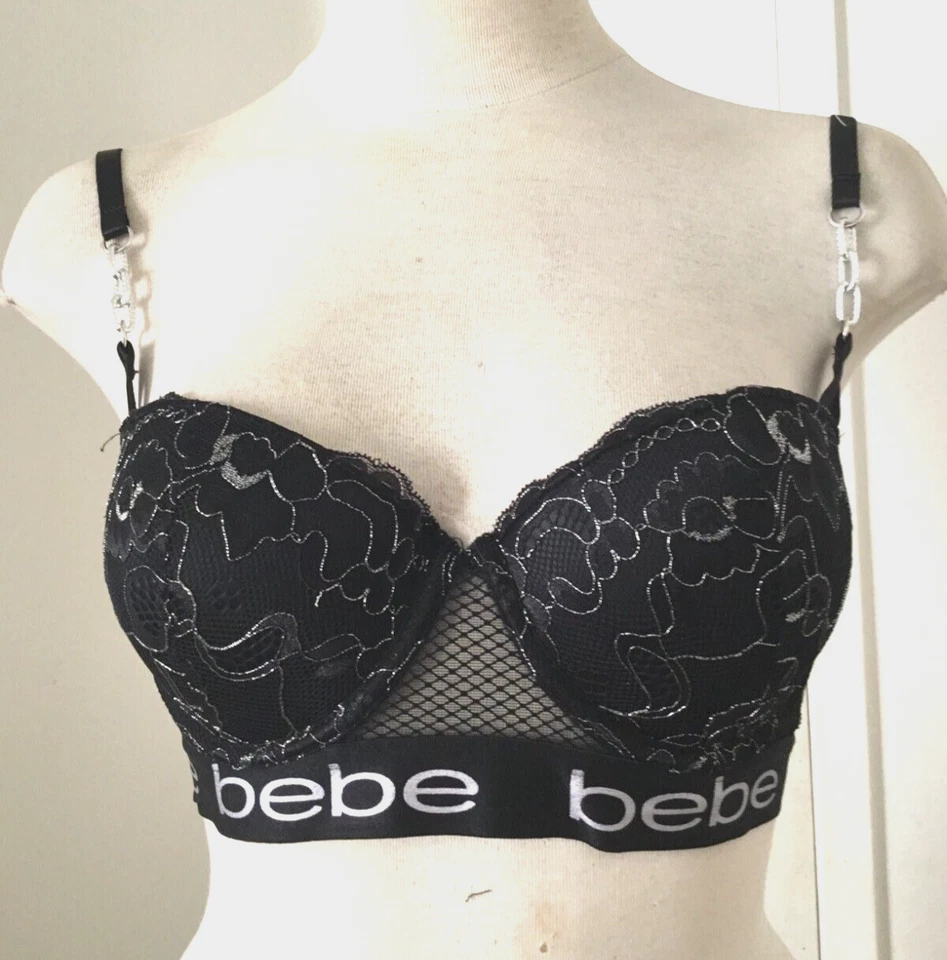 BEBE  Intimate Push up Brass Silver Metallic Lace  Bra Logo Chains  Blk 36B - Image 1 of 4