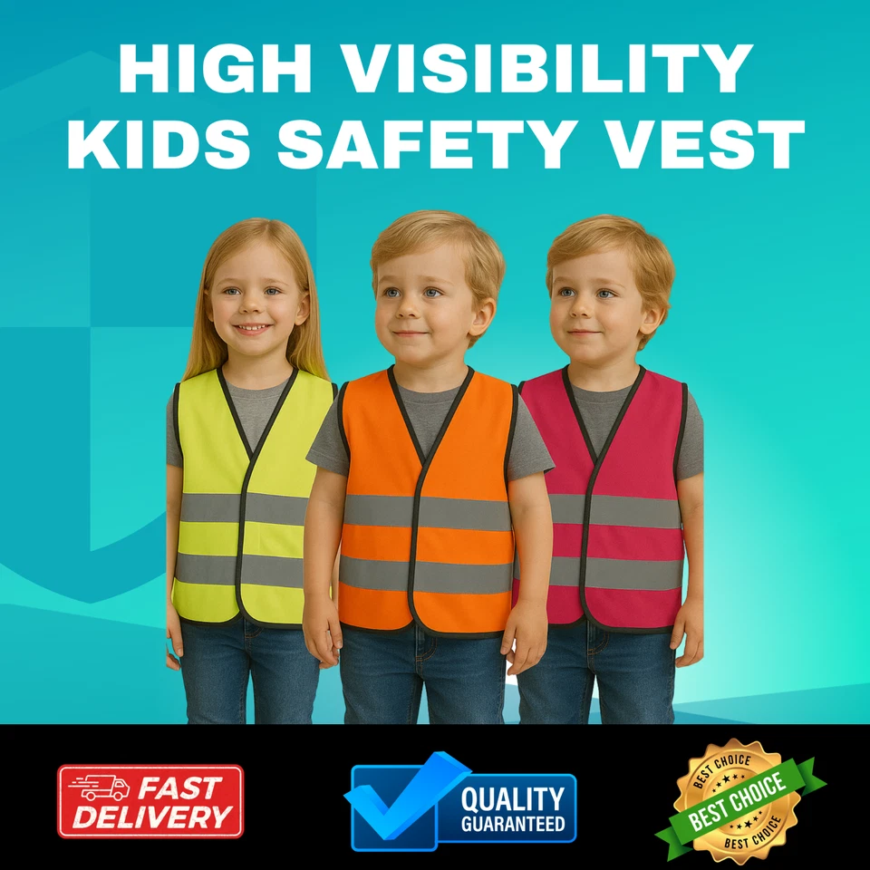 KIDS HI VIS VEST UNISEX HIGH VIZ VISIBILITY REFLECTIVE JUNIOR SAFETY WAISTCOAT - Image 1 of 1
