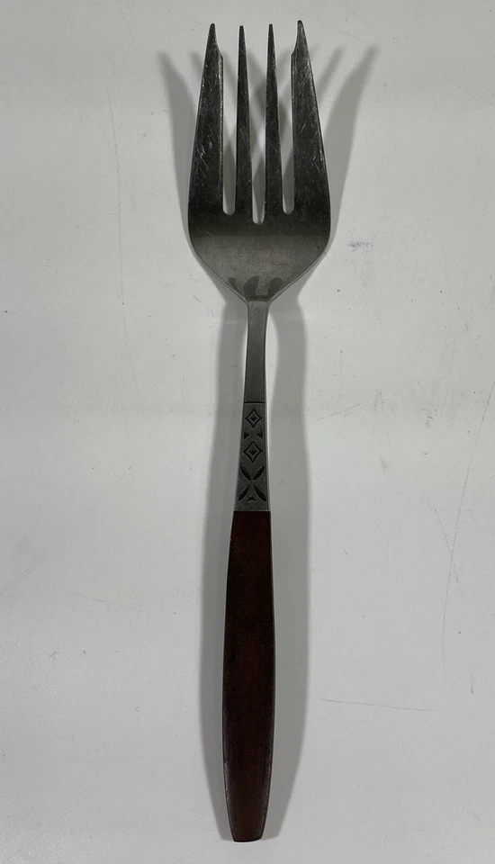 "Tenedor grande para servir MCM Mid Century Ekco Eterna mango de madera acero inoxidable 9""" Foto 1 de 4