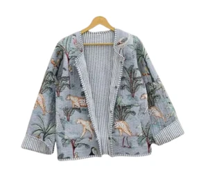 Indian Grey Tiger Print Reversible Cotton Quilted Jacket Women Clothing Jacket - Picture 1 of 3