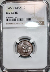NGC MS-63 BN 1909 Indian Head Cent, Highly Lustrous & Lightly Toned. - Picture 1 of 2