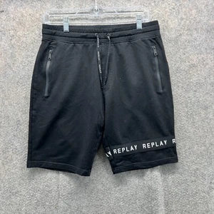 Replay Shorts Men Medium Adult Black White Athletic Elastic Waist Fleece Stretch - Picture 1 of 14