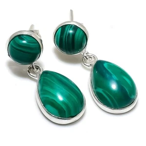 Green Malachite Gemstone Handmade 925 Sterling Silver Jewelry Tops Earring 1.20" - Picture 1 of 1