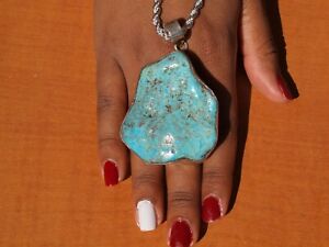 Necklace Bright Blue Solid .925 Big Beautiful Natural Kingman Turquoise Nugget