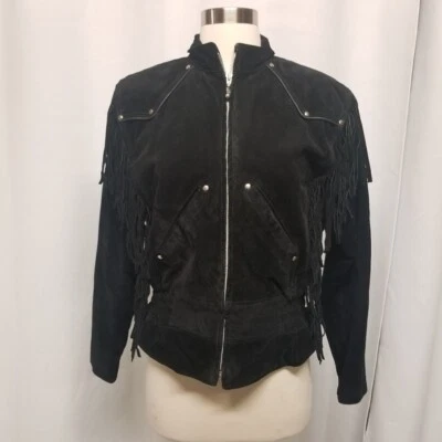 Chaqueta de Cuero Wilsons Vintage Años 90 Y2k Flecos Occidentales Gamuza Negra Punk Rock Md Foto 1 de 4