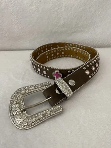 Girls sparkle cross/rhinestone western style brown/pink leather belt 30” - Picture 1 of 5