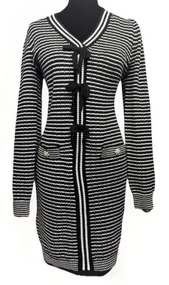 Vestido Suéter Nicole Miller NY Negro/Blanco Rayas Talla Med Perla Botones Preppy Foto 1 de 4