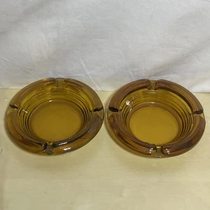 2er Set Vintage Braunglas Aschenbecher - Mid Century 3 Stufen Ring Banderole - Bild 1 von 7