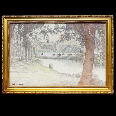 Tinta a lápiz pequeña vintage firmada dibujo paisaje enmarcado arte original campo Foto 1 de 4