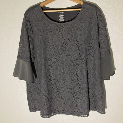Van Heusen Top 女式 XL 木炭灰色 3/4 喇叭袖蕾丝商务假日 — 第 1/4 张图片