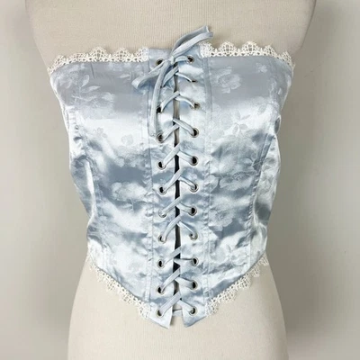 Corsé azul satinado con cordones camiseta sin mangas ribete de encaje boho coqueta talla mediana para mujer Foto 1 de 4