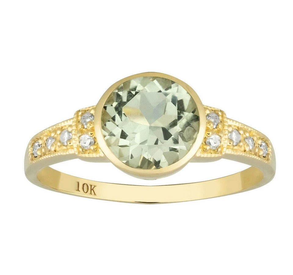 10k Yellow Gold Vintage Style Genuine Round Green Amethyst and Diamond Ring - Image 1 of 4