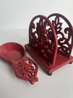 Red Enameled Solid Cast Iron Rounded Napkin Holder and Spoon Rest Set - Image 1 of 4