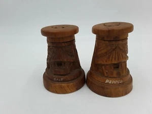 Vtg Carved Wooden Folk Art Tiki Salt Pepper Shaker Set Handmade Wood Totem - Picture 1 of 6