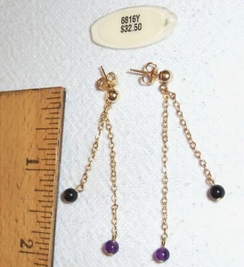DAINTY DROP/DANGLE RED GARNET & AMETHYST BEADS W/GF CHAINS PIERCED EARRINGS - Picture 1 of 6