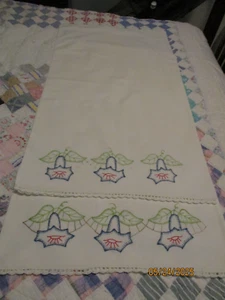 Vintage Pillowcases Pair Embroidered Morning Glories Crochet Edge - Picture 1 of 9