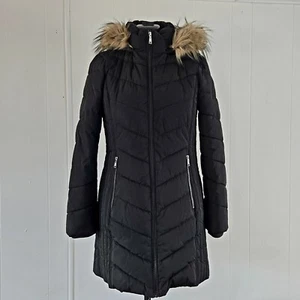 Tommy Hilfiger Women's M Heavy Black Long Puffer Jacket Faux Fur Lined Hood WARM - Picture 1 of 20