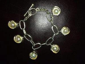 NEW MICHOU CHARM CHAIN LINK PEARL SILVER WITH 22K GOLD ACCENT BRACELET - Picture 1 of 2