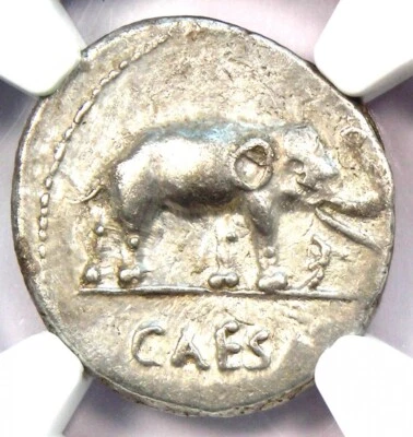 Julius Caesar AR Denarius Silver Elephant Roman Coin 49 BC - NGC Choice XF (EF) - Image 1 of 4