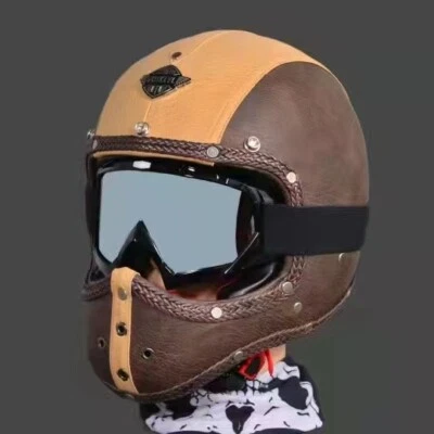 Full face motorcycle helmet PU leather helmet retro decal vintage cool custom co - Image 1 of 4