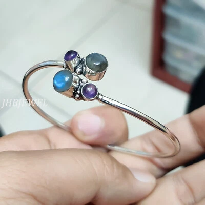 Labradorite & Amethyst Gemstone 925 Sterling Silver Cuff Bangle Gift For Anyone - Image 1 of 4