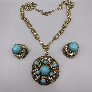 Vintage Set Western Germany Turquoise Glass Faux Pearl Filigree Pendant Earrings - Picture 1 of 11