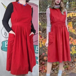 Vintage L.L. Bean Corduroy Jumper Dress Size 20 Red Made in USA Cottagecore - Picture 1 of 12