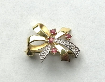 Brosche Schleife mit Diamant + roter Spinell bicolor Gold 333 Gelbgold  (3007) - Bild 1 von 4