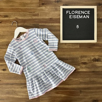 Vestido Florence Eiseman Azul Rayas Algodón Piqué Tejido Bordado Copo de Nieve 5 Foto 1 de 4