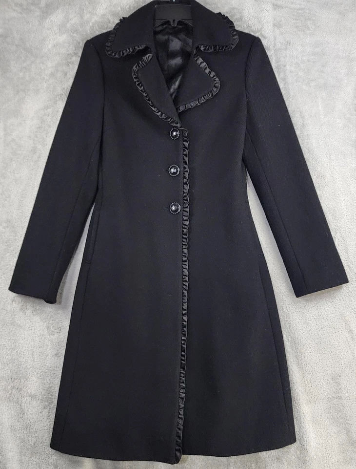 Express Design Studio Coat Womens XS Black Wool Blend Ruffle Trim Button Front - Изображение 1 из 4