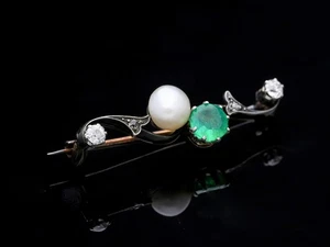Broche precio excelente 0,81 ct diamantes perlas naturales esmeralda oro 585 certificado IGI Deta - Imagen 1 de 6
