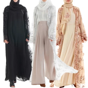 Abito lungo donna musulmano pizzo paillettes aperto caftano Abaya Dubai abito kimono festa - Foto 1 di 25