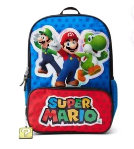 New Super Mario Bros Backpack 17” It's-a me Kids Nintendo Blue Red & Blue Yellow - Picture 1 of 6