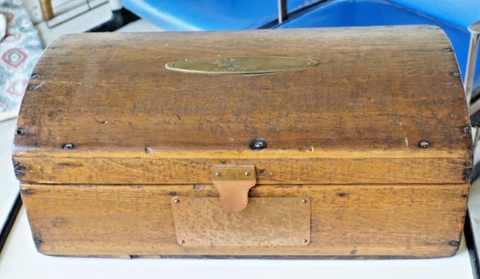 Antique Wood / COPPER Round Top Chest, Hope Chest,  Storage Trunk 20 X 8 INCHES Cover